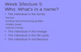 Week 3/lecture 5 Who: What’s in a name? The individual in the family -Names -Kinship terms/mourning grades -Filiality (xiao) -Uterine Family The individual.
