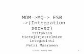 TJTST21 Spring 20061 MOM->MQ-> ESB ->(Integration server) Yrityksen tietojärjestelmien integrointi Petri Maaranen.