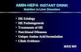 AMIN-HEPA INSTANT DRINK Nutrition in Liver Disorders HE EtiologyHE Etiology HE PathologenesisHE Pathologenesis Treatments of HETreatments of HE Nutritional.