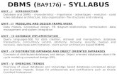 DBMS ( BA9176) - SYLLABUS UNIT – IINTRODUCTION Database and DBMS – characteristics – importance – advantages – evolution - codd rules-database architecture;