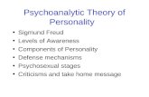 Psychoanalytic Theory of Personality Sigmund Freud Levels of Awareness Components of Personality Defense mechanisms Psychosexual stages Criticisms and.