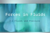 Forces in Fluids 7:1 Fluids and Pressure Terms Fluid~ any material that can flow and takes the shape of its container Pressure~the amount of force exerted.