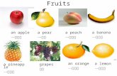 Fruits an apple 一个苹果 a pear 一个梨 a peach 一个桃子 a banana 一个香蕉 a lemon 一个柠檬 an orange 一个桔子 grapes 葡萄 a pineapple 一个菠萝.