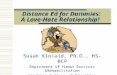 Distance Ed for Dummies: A Love-Hate Relationship! Susan Kincaid, Ph.D., HS-BCP Department of Human Services &Rehabilitation Woodring College of Education.