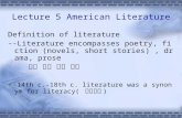 Lecture 5 American Literature Definition of literature -- Literature encompasses poetry, fiction (novels, short stories), drama, prose 诗歌 小说 戏剧 散文 -- 14th.