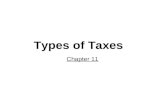 Types of Taxes Chapter 11. Federal Income Taxes Social Security Taxes Medicare Taxes State Income Taxes Sales Tax Excise Tax Property Taxes Local Taxes.