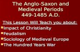 The Anglo-Saxon and Medieval Periods 449-1485 A.D. This Lesson Will Teach you about: Impact of Christianity Impact of Christianity Feudalism Feudalism.