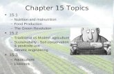 Chapter 15 Topics 15.1 –Nutrition and malnutrition –Food Production –The Green Revolution 15.2 –Traditional vs Modern agriculture –Sustainability - Soil.