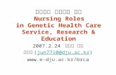 종양유전 간호사의 역할 Nursing Roles in Genetic Health Care Service, Research & Education 2007.2.24 고신대 강의 전명희 (jun7710@dju.ac.kr)jun7710@dju.ac.kr .