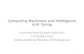 Computing Machinery and Intelligence A.M. Turing Summarized by Joon Shik Kim 12.03.08.(Thu) Computational Models of Intelligence 1.