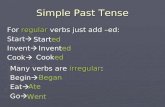 Simple Past Tense For regular verbs just add –ed: Start  Invent  Cook  Started Invented Cooked Many verbs are irregular: Begin  Eat  Go  Began Ate.
