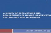 A SURVEY OF APPLICATIONS AND REQUIREMENTS OF UNIQUE IDENTIFICATION SYSTEMS AND RFID TECHNIQUES 2012.04.19-R96001120- 蘇昱彰 1.
