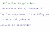 1 Molecules in galaxies 1.How to observe the H 2 component? 2. Molecular component of the Milky Way 3. H 2 in external galaxies 4. Molecules in absorption.