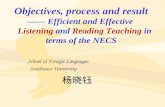 Objectives, process and result —— Efficient and Effective Listening and Reading Teaching in terms of the NECS School of Foreign Languages Southwest University.