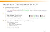 Page 1 Multiclass Classification in NLP Name/Entity Recognition  Label people, locations, and organizations in a sentence  [PER Sam Houston],[born in]