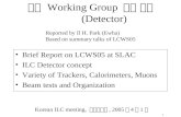 1 국제 Working Group 활동 보고 (Detector) Brief Report on LCWS05 at SLAC ILC Detector concept Variety of Trackers, Calorimeters, Muons Beam tests and Organization.