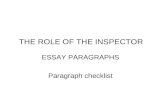 THE ROLE OF THE INSPECTOR ESSAY PARAGRAPHS Paragraph checklist.