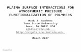 PLASMA SURFACE INTERACTIONS FOR ATMOSPHERIC PRESSURE FUNCTIONALIZATION OF POLYMERS Mark J. Kushner Iowa State University Ames, IA 50011 USA mjk@iastate.edumjk@iastate.edu.
