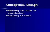 Conceptual Design Modeling the rules of organization Modeling the rules of organization Building ER model Building ER model.