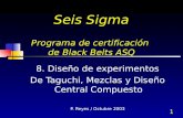 1 Seis Sigma Programa de certificación de Black Belts ASQ 8. Diseño de experimentos De Taguchi, Mezclas y Diseño Central Compuesto P. Reyes / Octubre 2003.