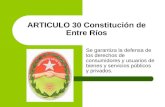 ARTICULO 30 Constitución de Entre Ríos Se garantiza la defensa de los derechos de consumidores y usuarios de bienes y servicios públicos y privados.