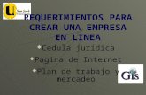 REQUERIMIENTOS PARA CREAR UNA EMPRESA EN LINEA  Cedula jurídica  Pagina de Internet  Plan de trabajo y mercadeo.