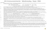 HS Announcements:  Wednesday, Sept. 26th