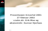 Presentasjon 4.kvartal 2001 27 februar 2002 v/adm.dir. Erik Moe og økonomidir. Gunnar Hjortaas