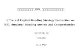 Effects of Explicit Reading Strategy Instruction on EFL Students’ Reading Anxiety and Comprehension 明示閱讀策略教學對 EFL 學生閱讀焦慮 與理解的影響 指導教授：鍾榮富