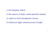 1 1.the Doppler effect 2.the nature of light, wave-particle duality 3.Light as electromagnetic waves 4.Coherent light, Interferences of light.