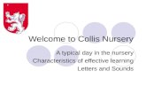 Welcome to Collis Nursery A typical day in the nursery Characteristics of effective learning Letters and Sounds.