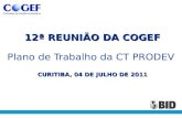 12ª REUNIÃO DA COGEF CURITIBA, 04 DE JULHO DE 2011 12ª REUNIÃO DA COGEF Plano de Trabalho da CT PRODEV CURITIBA, 04 DE JULHO DE 2011.
