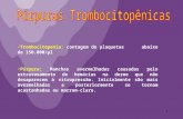 1 Trombocitopenia: contagem de plaquetas abaixo de 150.000/µl Púrpura: Manchas avermelhadas causadas pelo extravasamento de hemácias na derme que não desaparecem.