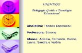 Disciplina: Tópicos Especiais I Professora: Simone Alunas: Adiceia, Fernanda, Karine, Lyana, Sandra e Valéria UNIMINAS Pedagogia Gestão e Tecnologia Educacional.
