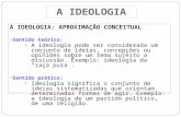 A IDEOLOGIA A IDEOLOGIA: APROXIMAÇÃO CONCEITUAL Sentido teórico: A ideologia pode ser considerada um conjunto de ideias, concepções ou opiniões sobre um.