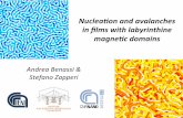 Nucleation and avalanches in film with labyrintine magnetic domains