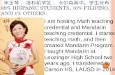 EMILY SOONG, 宋玉琴， 洛杉矶学区， 卡尔森高中。学生分布 89% HISPANIC STUDENTS, 10% FILIPINO, AND 1% OTHERS. I am holding Math teaching credential and Mandarin teaching
