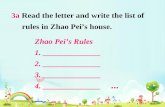3a Read the letter and write the list of rules in Zhao Pei’s house.