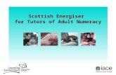 Scottish Energiser for Tutors of Adult Numeracy. Aims  enrich our own mathematical thinking  acquire methods for helping learners with varied backgrounds,