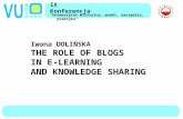 IX Konferencja Uniwersytet Wirtualny: model, narzędzia, praktyka Iwona DOLIŃSKA THE ROLE OF BLOGS IN E ‑ LEARNING AND KNOWLEDGE SHARING.