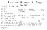 Review Homework Page 9-10 11)(1:05, 4000), (1:15, 2600) Slope = 2600-4000 = -1400 = -140 75-65 10 -140 meters per minute -8400 meters per hour.