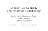 Diesel Fuel Lubricity The Need for Specification · PDF fileDiesel Fuel Lubricity The Need for Specification California Air Resources Board Public Meeting 20 February 2003 Manuch Nikanjam