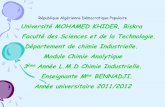 Université MOHAMED KHIDER, Biskra Faculté des …ar.univ-biskra.dz/enseignant/bennadji/chimie_analytique.pdf · Faculté des Sciences et de la Technologie. Département de chimie