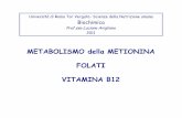 METABOLISMO della METIONINA FOLATI VITAMINA B12 · COO-I +H 3N-CH I CH2 I CH2-S-CH3 metionina Met COO-I + H 3N-CH I CH2 I CH2-SH omocisteina Hcy COO-I + H 3N-CH I CH2-SH cisteina