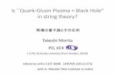 Is ``Quark-Gluon Plasma = Black Hole'' in string theory?reference arXiv:1107.4048 (JHEP09 (2011) 073) with G. Mandal (Tata Institute in India) Is ``Quark-Gluon Plasma = Black Hole''