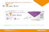 Test infections urinaires ExactoLe test infections urinaires Exacto est conçu pour être clair, simple et ˜able. Il contrôle 4 paramètres (leucocytes, nitrites, sang et protéines).