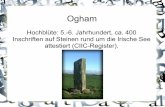 Ogham - univie.ac.at · 2009-12-01 · Ogham - Entstehung Tatsächlich wohl entstanden in ersten christlichen Gemeinden spätestens 400 n. in Irland, weil lateinisches Alphabet als