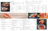 SASHIMI ＆ SUSHI · SASHIMI ＆ SUSHI Hand-rolled sushi Tuna roll Salmon roe Cucumber \480 \600 \240 鉄火 いくら カッパ Sushi Youtei(10 pieces with soup) Shiosai(7 pieces