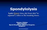 Spondylolysis · Spondylolysis Defect in the pars interarticularis 5 % incidence. Boys > Girls High grade listhesis more common in girls 85 % at L5 level Gymnasts, eskimos, fast bowlers