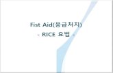 Fist Aid(응급처치 - KFA 의무팀 · 2017-02-07 · 2. rice 요법이란? 운동 상해의 일반적인 증상에는 부종, 통증, 압통, 출혈 등이 있다. 상해가 심하거